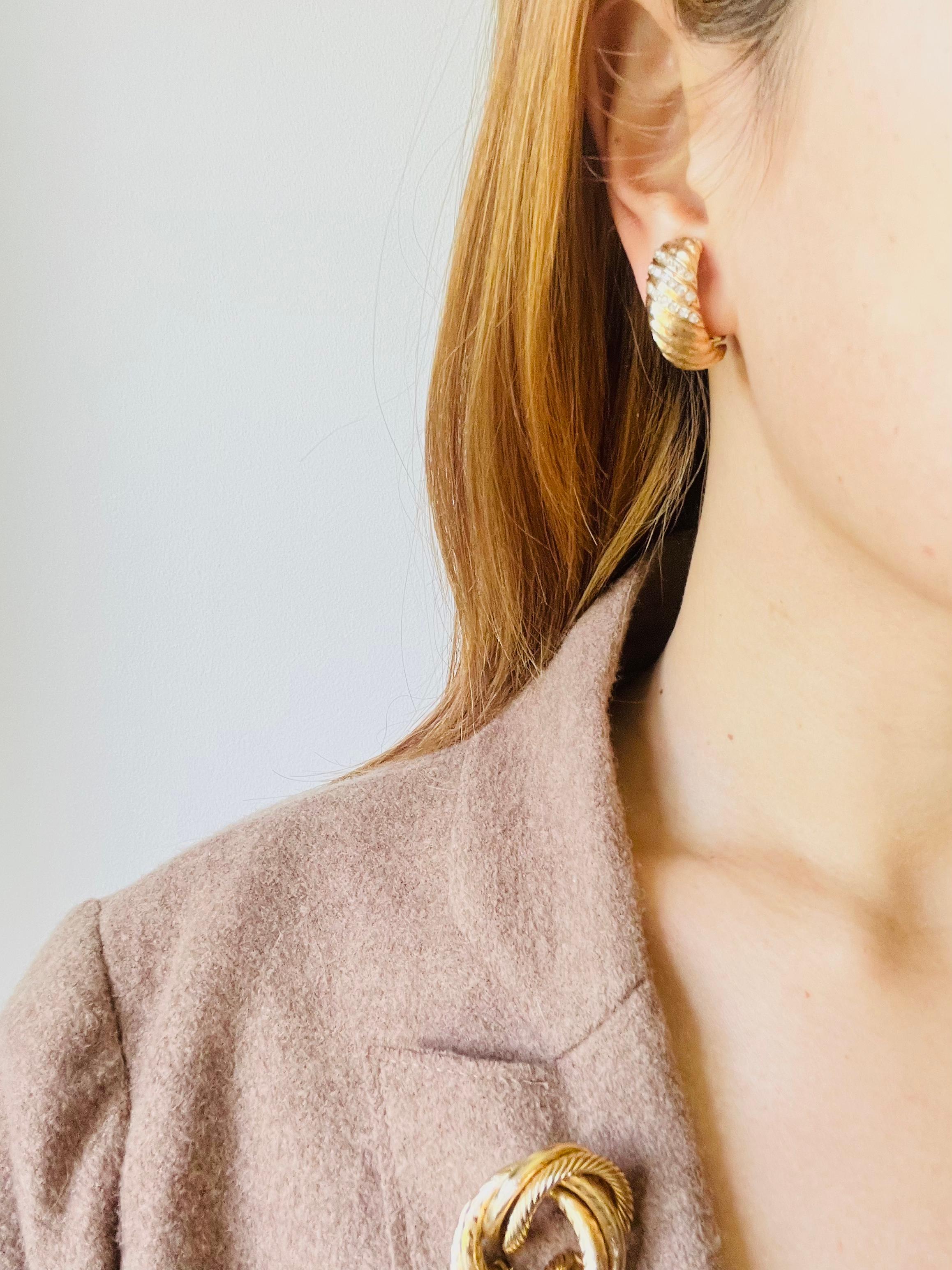 Christian Dior Vintage 1980s Trio Row Crystals Satin Demi Dome Hoop Earrings For Sale 3