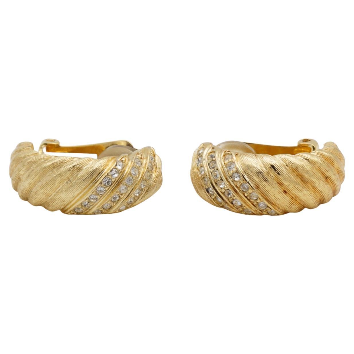 Christian Dior Vintage 1980s Trio Row Crystals Satin Demi Dome Hoop Earrings For Sale