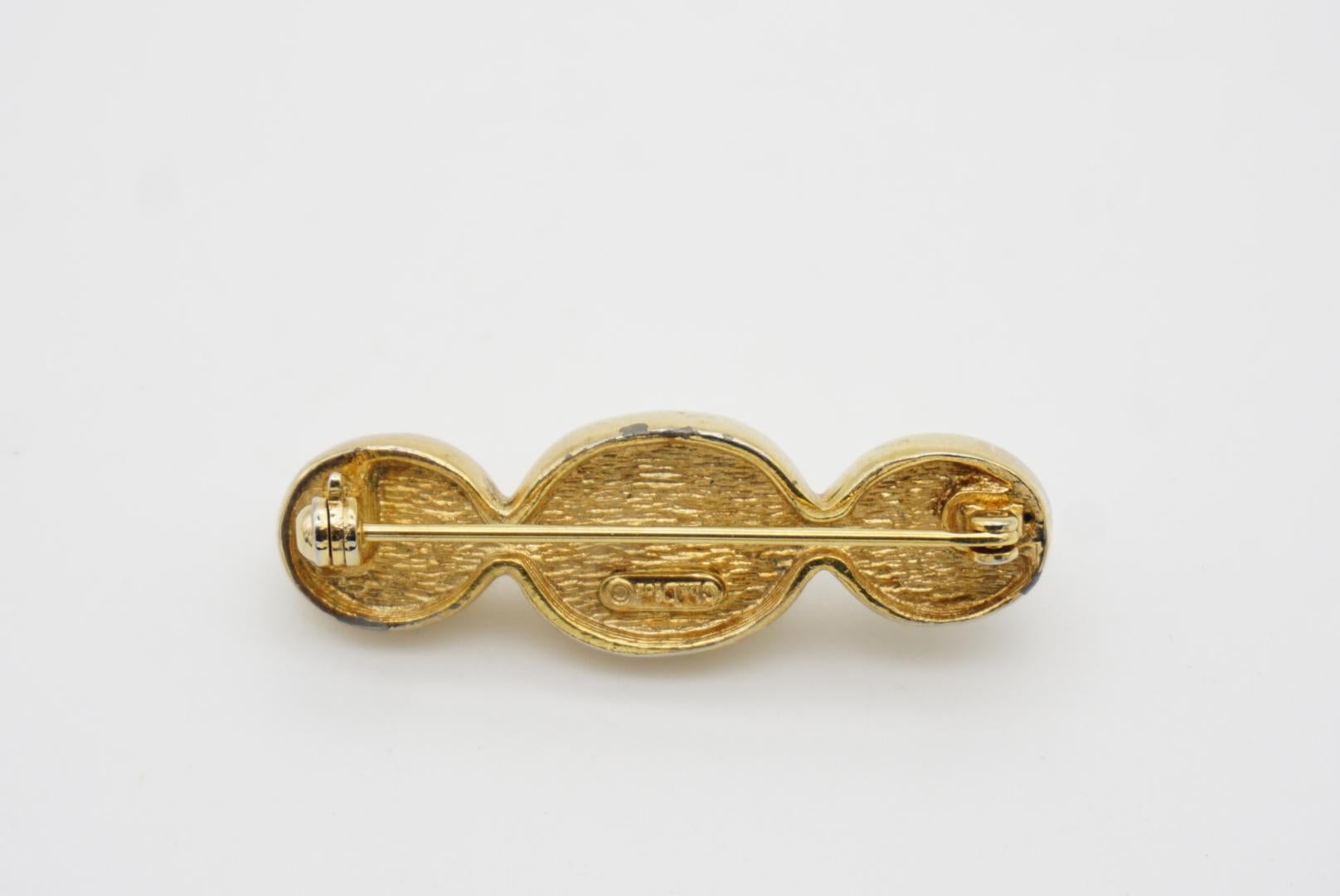 Christian Dior Vintage 1980 Trio White Oval Pearl Long Bar Elegance Gold Brooch 7