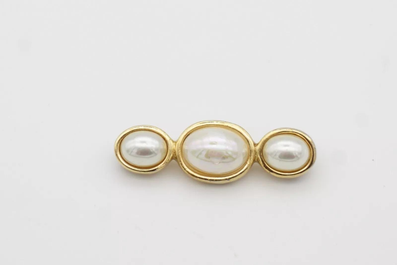 Christian Dior Vintage 1980 Trio White Oval Pearl Long Bar Elegance Gold Brooch 8
