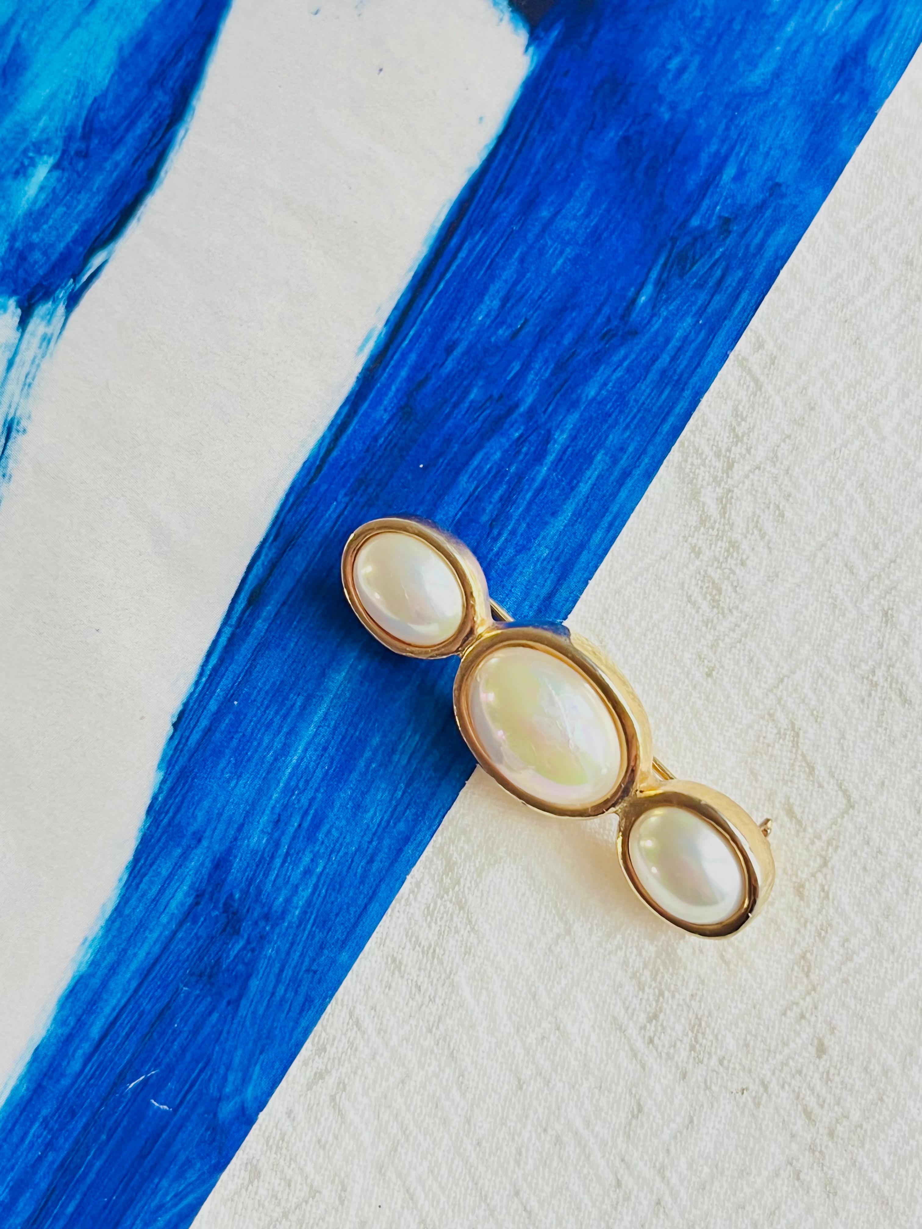 Art déco Christian Dior Vintage 1980 Trio White Oval Pearl Long Bar Elegance Gold Brooch