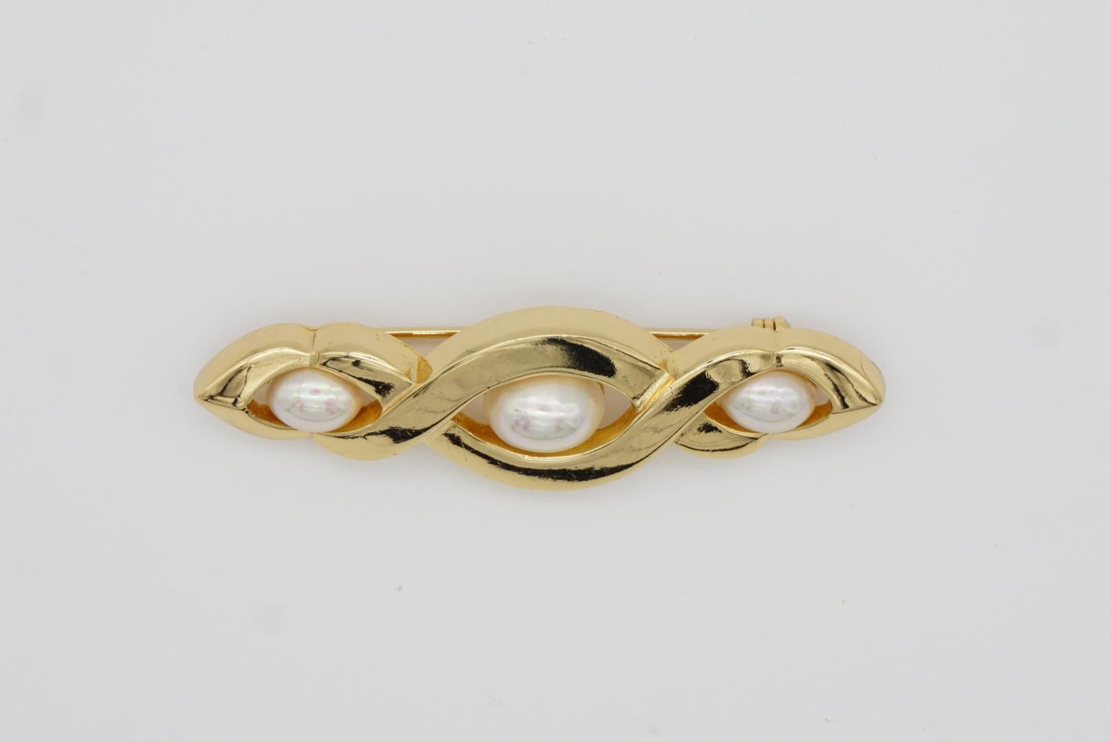 Christian Dior Vintage 1980s Trio White Pearls Croissant Twist Bar Gold Brooch 5