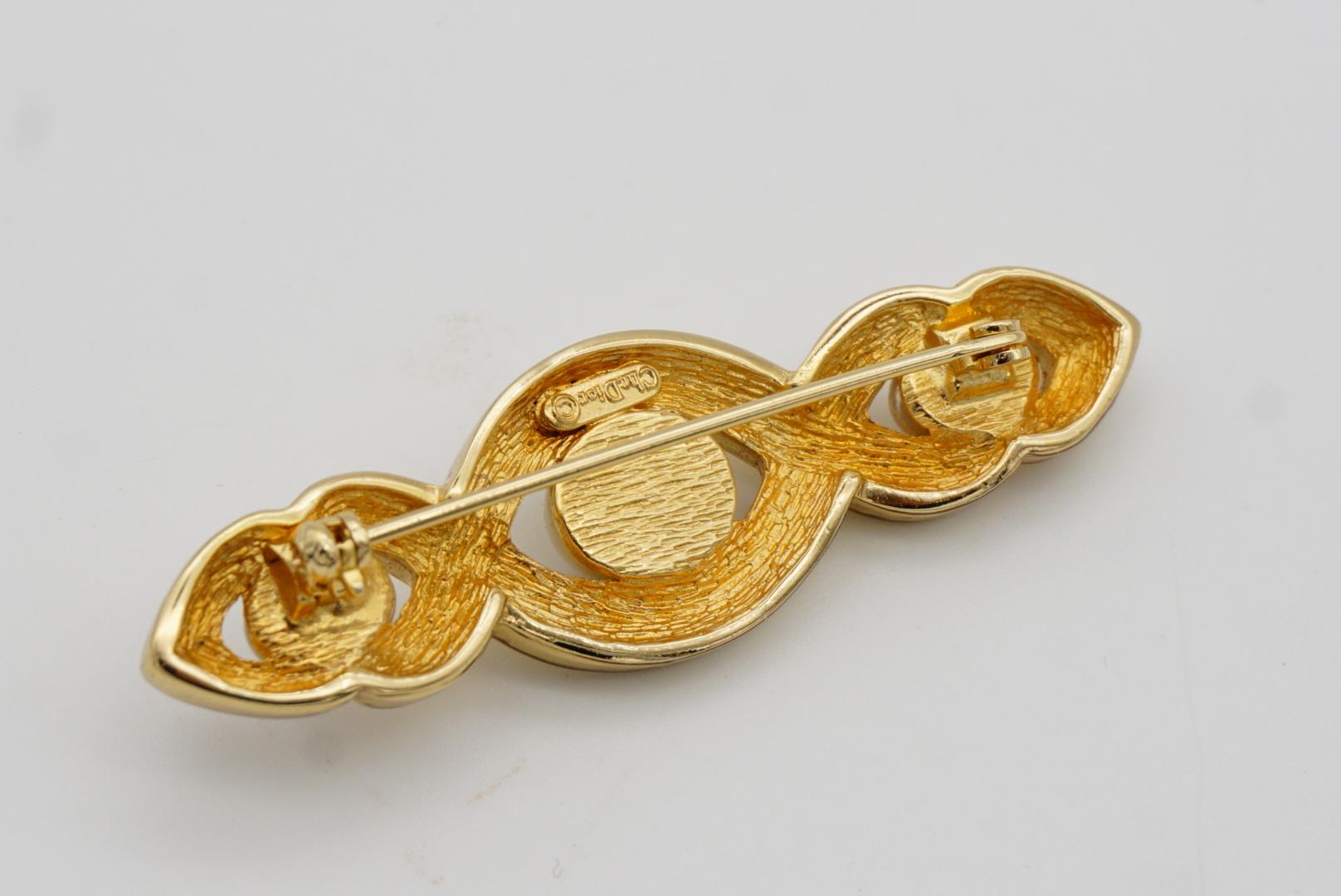 Christian Dior Vintage 1980s Trio White Pearls Croissant Twist Bar Gold Brooch 6