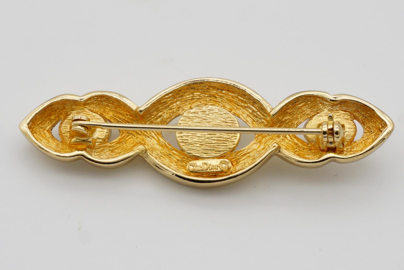 Christian Dior Vintage 1980s Trio White Pearls Croissant Twist Bar Gold Brooch 7