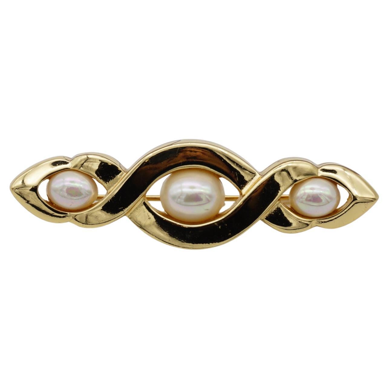 Christian Dior Vintage 1980 Trio de perles White Croissant Twist Bar Gold Broche