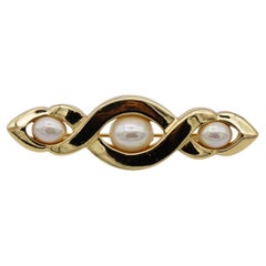 Christian Dior Vintage 1980s Trio White Pearls Croissant Twist Bar Gold Brooch