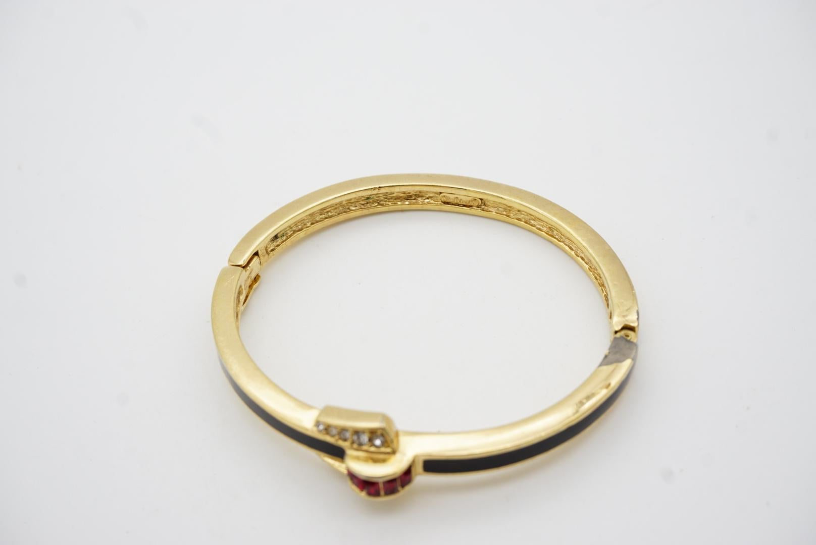 Christian Dior Vintage 1980s Unisex Black Ruby Crystals Cuff Bangle Bracelet 10