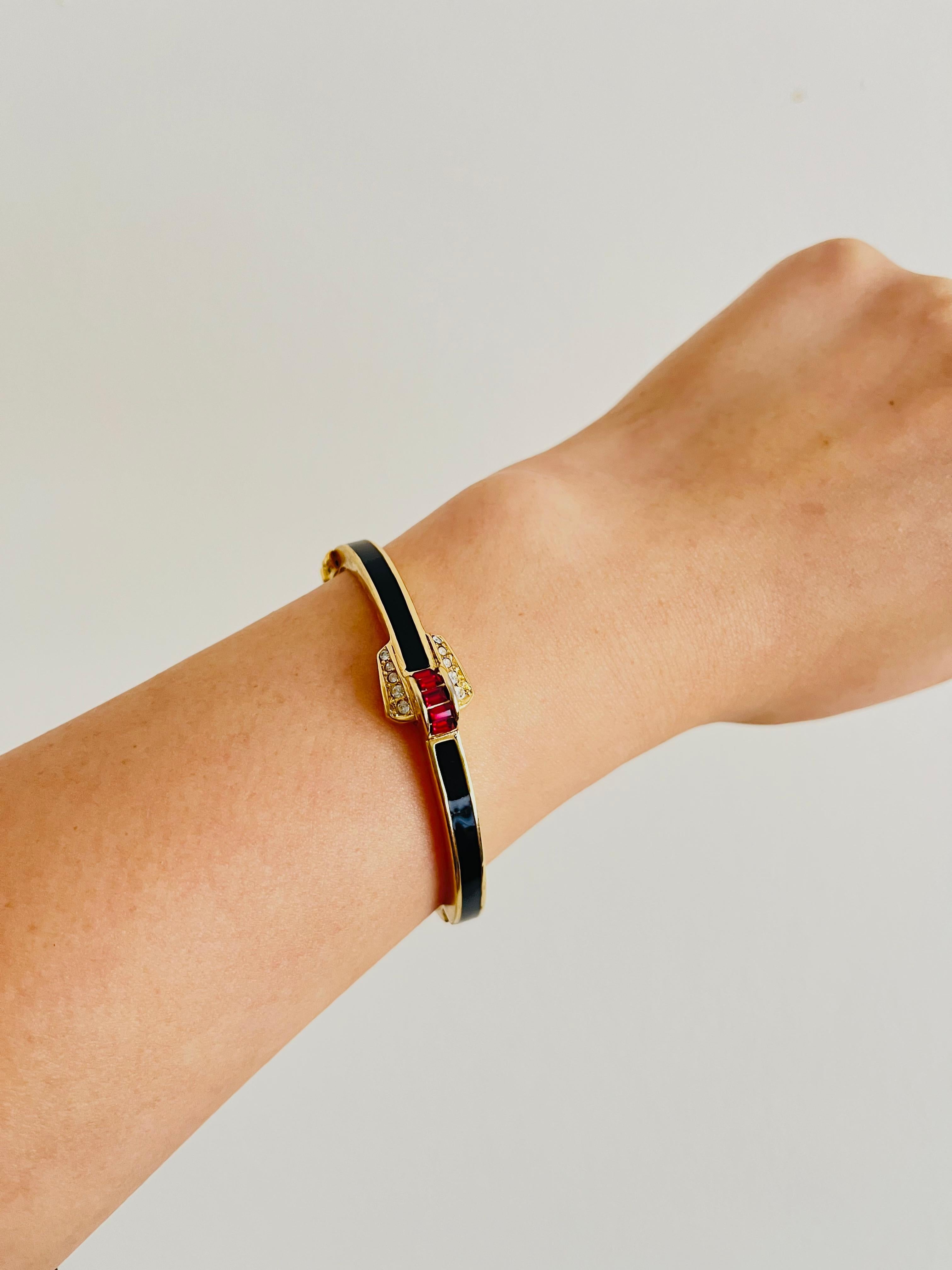Christian Dior Vintage 1980s Unisex Black Ruby Crystals Cuff Bangle Bracelet 2