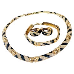 Christian Dior Vintage 1980s Unisex Gold Black Crystals Hoop Link Rare Set