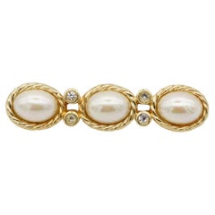 Christian Dior Vintage 1980s Unisex Gold Oval White Pearls Crystals Long Brooch