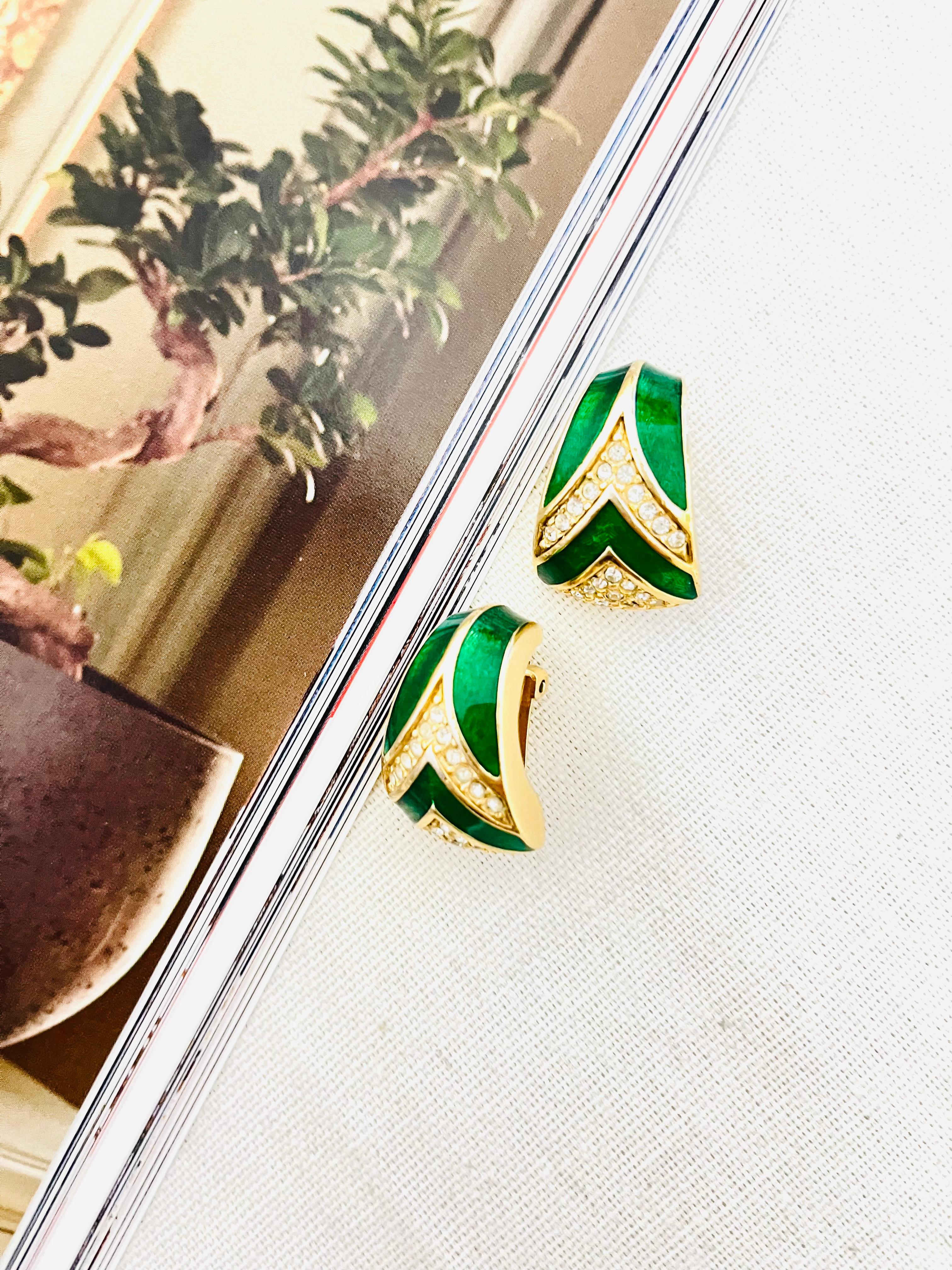 Art Nouveau Christian Dior Vintage 1980s Vintage Green Enamel Crystals Hoop Clip Earrings For Sale