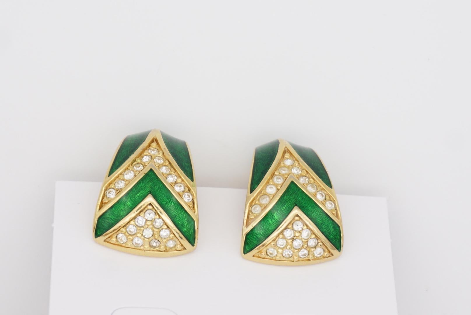 Christian Dior 1980s Green Enamel Crystal Rectangle Triangle Dome Hoop Earrings For Sale 1