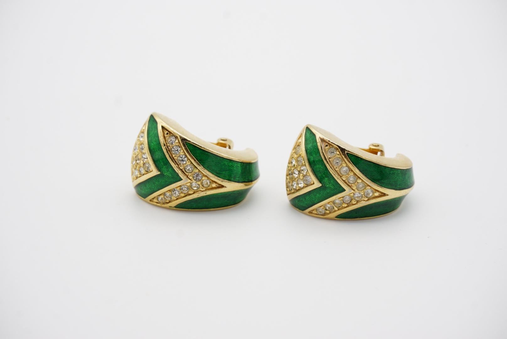 Christian Dior 1980s Green Enamel Crystal Rectangle Triangle Dome Hoop Earrings For Sale 2