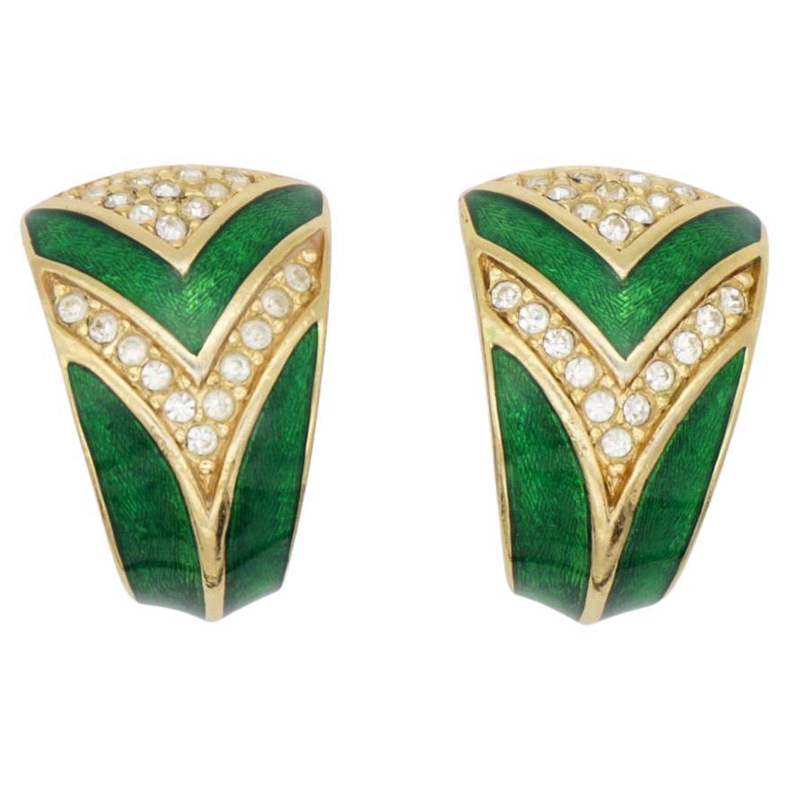 Christian Dior Vintage 1980s Vintage Green Enamel Crystals Hoop Clip Earrings For Sale