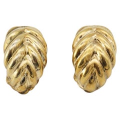 Christian Dior Vintage 1980s Vivid Textured Wheat Leaf Hoop Gold Clip Earrings 