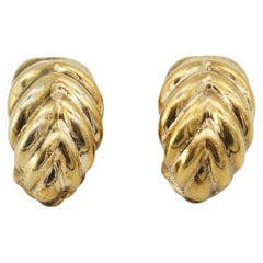 Christian Dior Vintage 1980s Vivid Textured Wheat Leaf Hoop Gold Clip Earrings