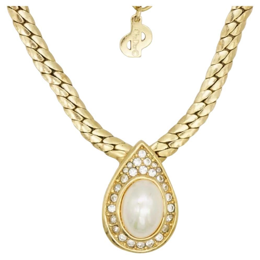 Christian Dior Vintage Años 80 Gota de Agua Perla Blanca Cristales Collar de Oro