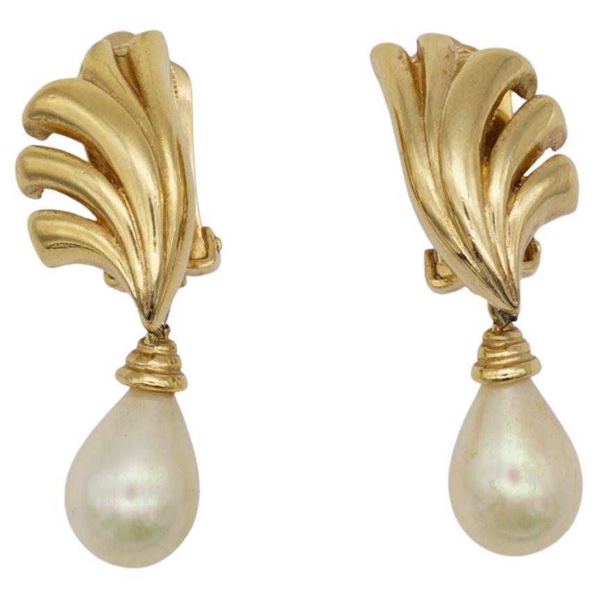 Christian Dior Vintage 1980s Water Tear Drop Pearl Fan Shell Gold Clip Earrings For Sale