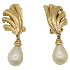 Christian Dior Vintage 1980s Water Tear Drop Pearl Fan Shell Gold Clip Earrings