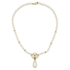 Christian Dior Vintage 1980s White Beads Pearls Water Drop Crystals Necklace