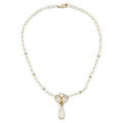 Christian Dior Vintage 1980s White Beads Pearls Water Drop Crystals Necklace