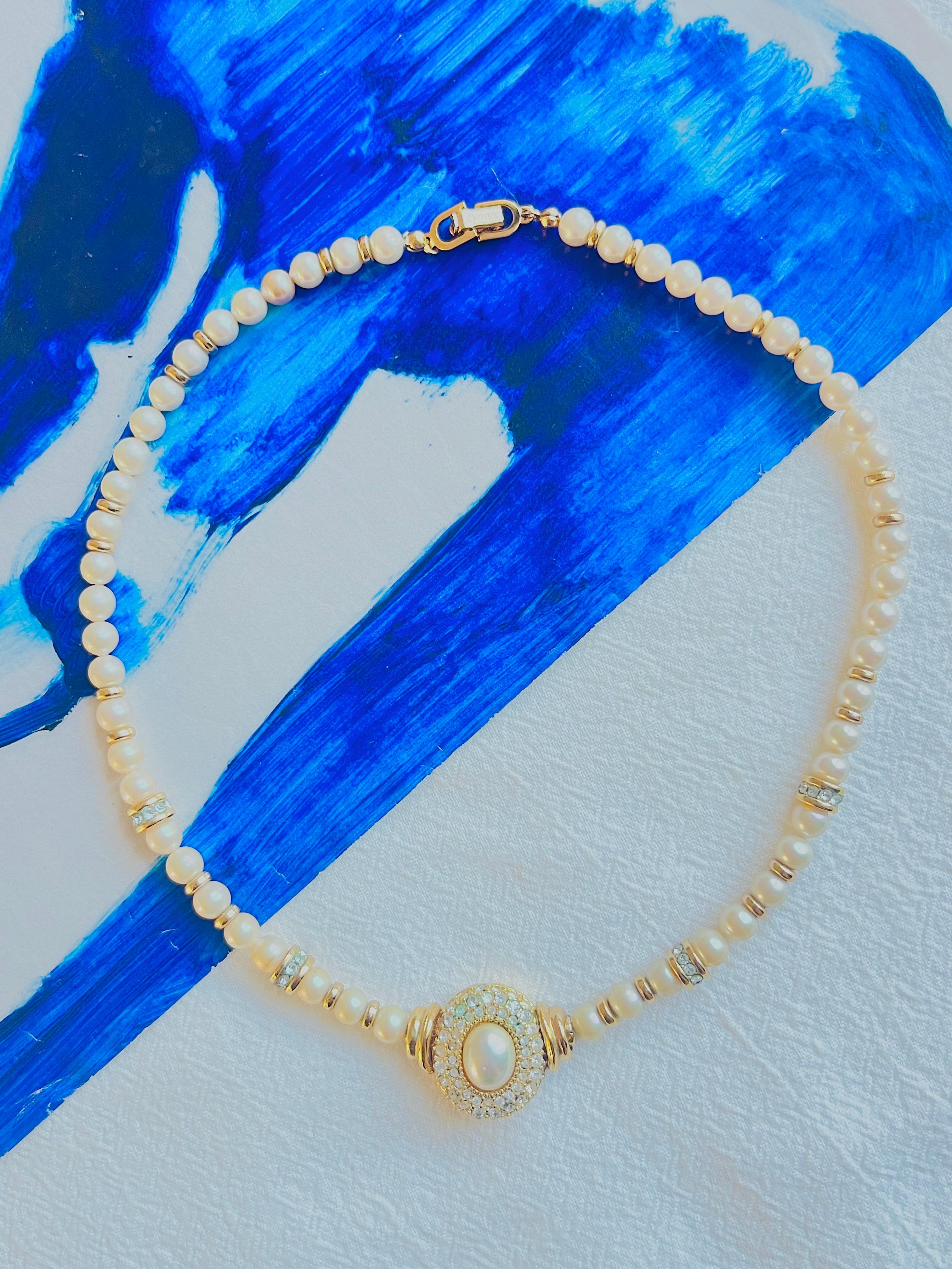 Art déco Christian Dior, collier vintage des années 1980, perles blanches, perles rondes ovales et cristaux en vente