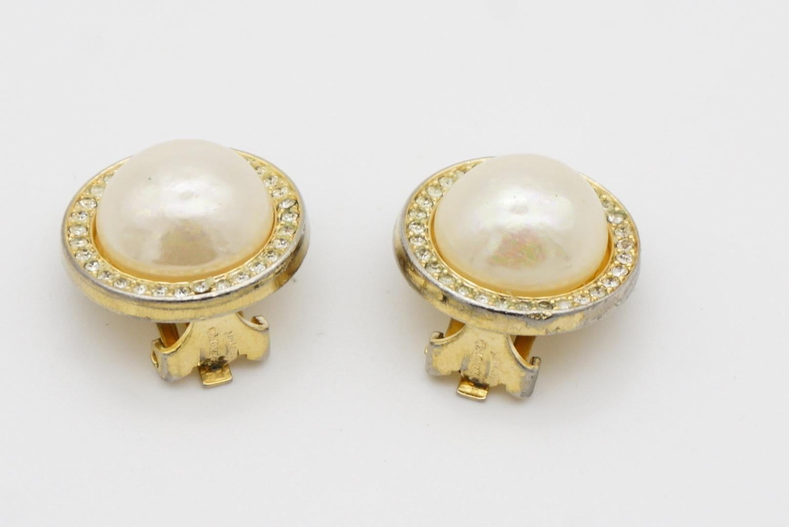 Christian Dior Vintage 1980s White Circle Shining Pearl Crystals Clip Earrings 6
