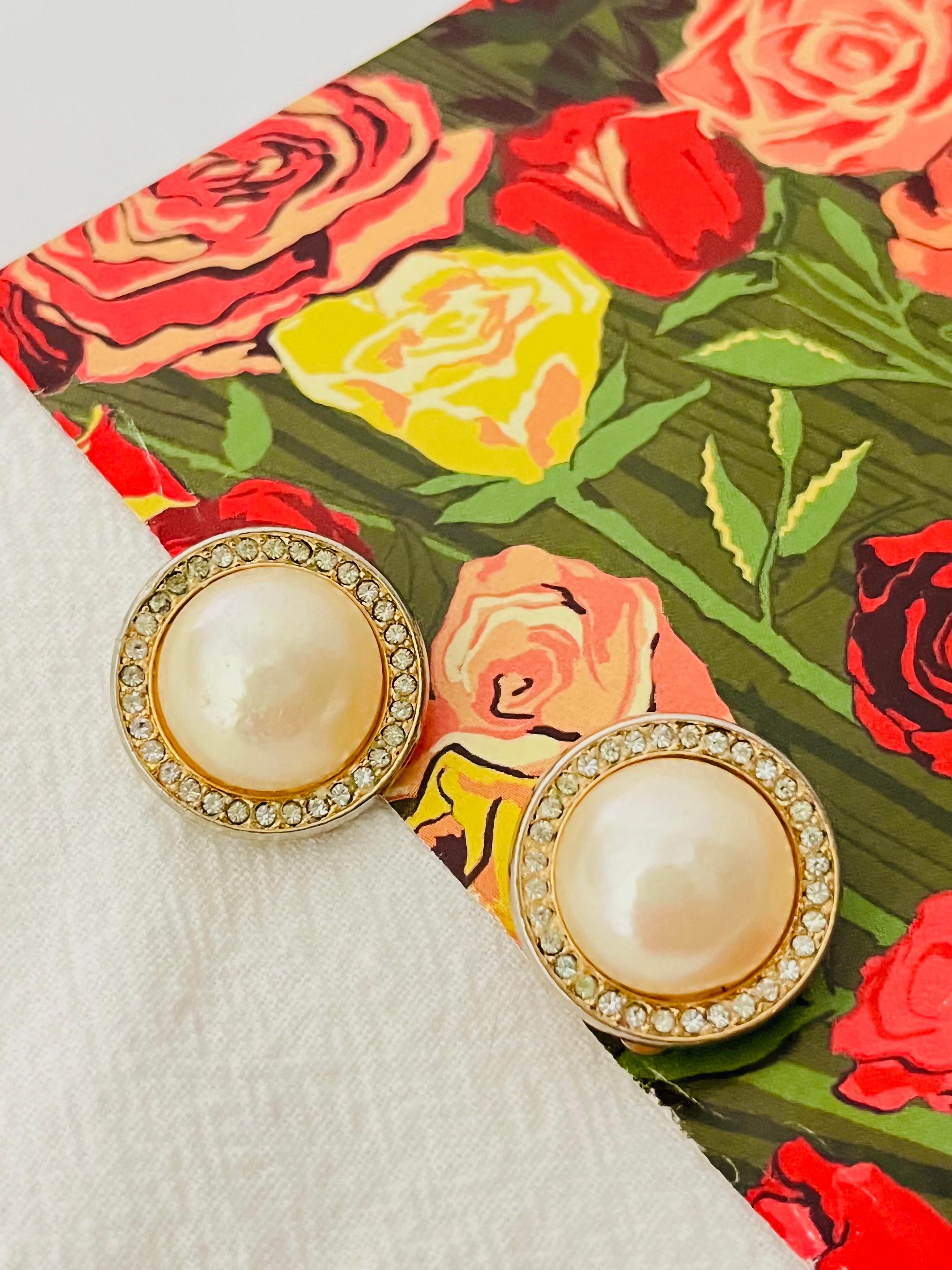 Art Deco Christian Dior Vintage 1980s White Circle Shining Pearl Crystals Clip Earrings