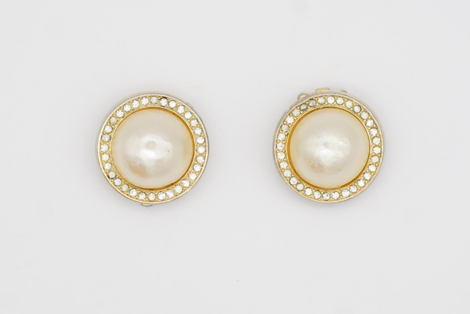 Christian Dior Vintage 1980s White Circle Shining Pearl Crystals Clip Earrings 3