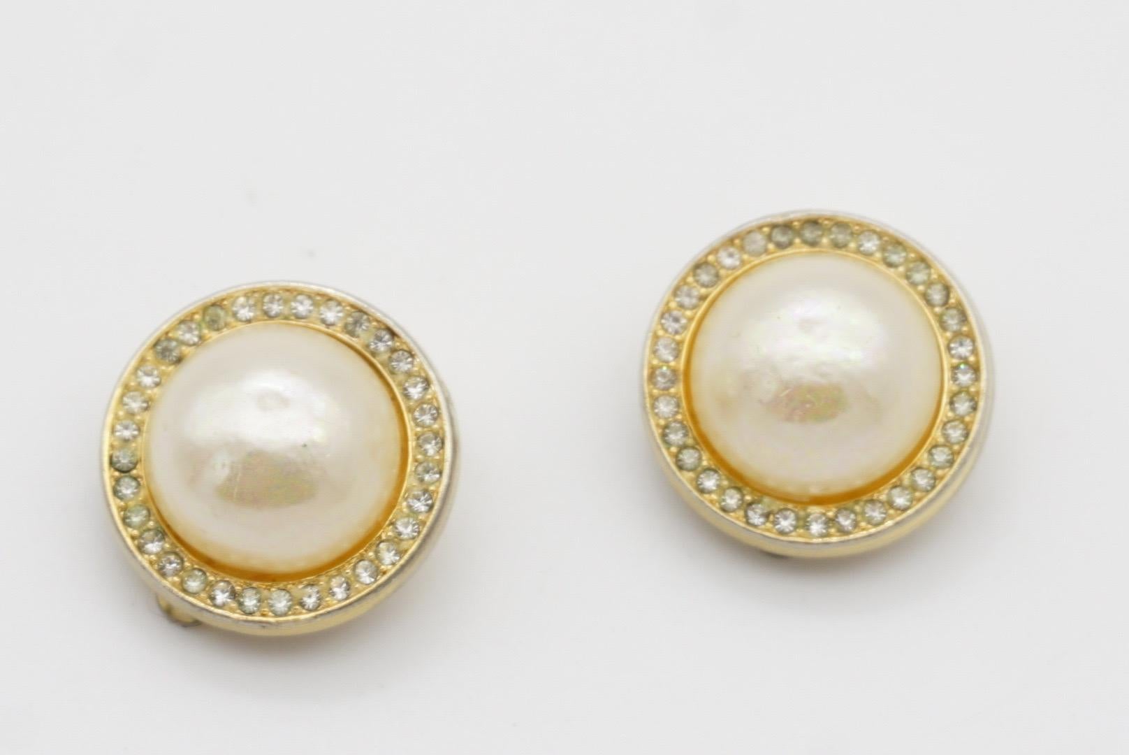 Christian Dior Vintage 1980s White Circle Shining Pearl Crystals Clip Earrings 4
