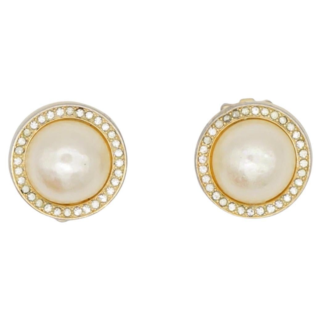 Christian Dior Vintage Años 80 Círculo Blanco Cristales de Perla Brillantes Pendientes de Clip en venta