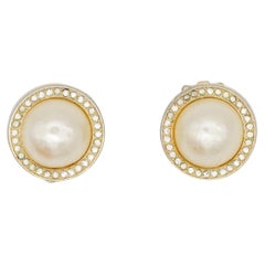 Christian Dior Vintage 1980s White Circle Shining Pearl Crystals Clip Earrings