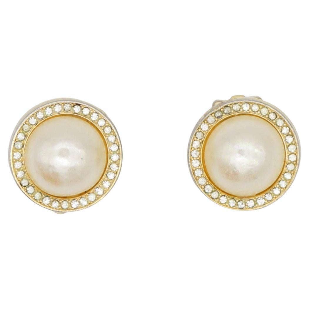 Christian Dior Vintage 1980s White Circle Shining Pearl Crystals Clip Earrings For Sale