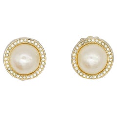Christian Dior Vintage 1980s White Circle Shining Pearl Crystals Clip Earrings