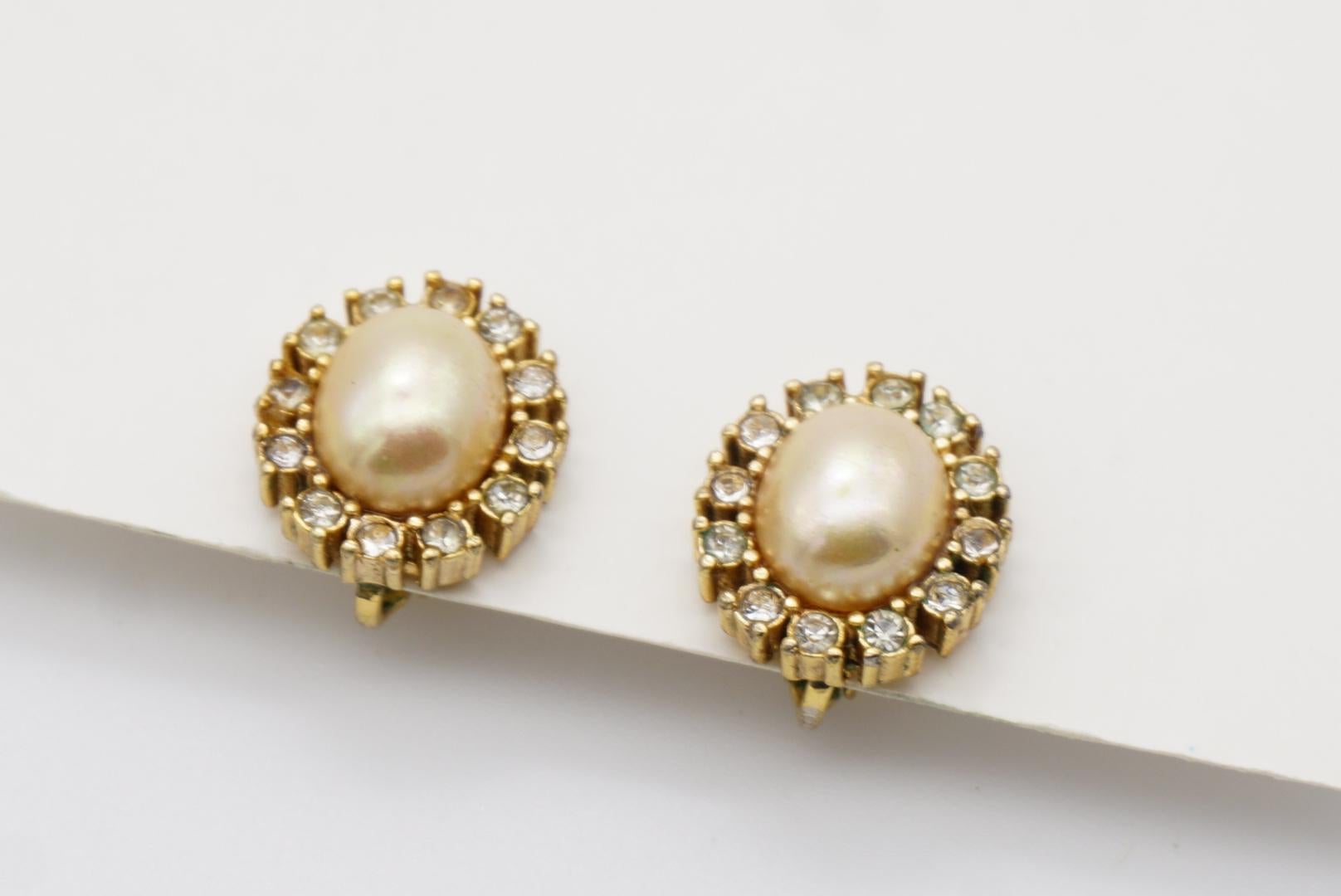 Christian Dior Vintage 1980s White Flower Oval Pearl Sparking Crystals Earrings For Sale 6