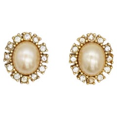 Christian Dior Vintage 1980s White Flower Oval Pearl Sparking Crystals Earrings