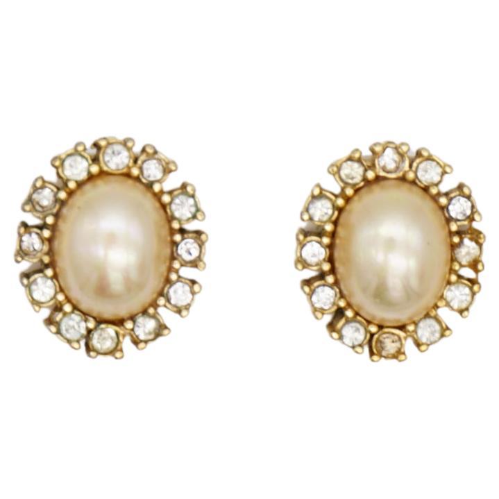 Christian Dior Vintage 1980s White Flower Oval Pearl Sparking Crystals Earrings For Sale