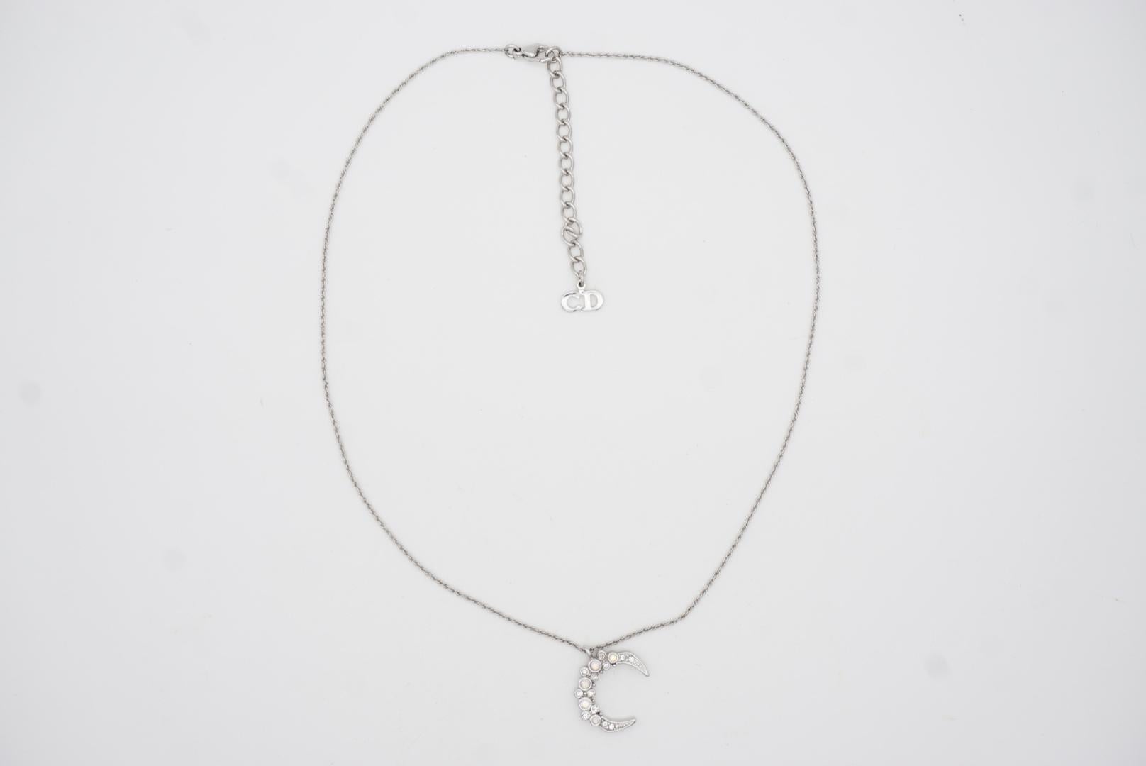 Christian Dior Vintage 1980er Jahre Weißer Mond glänzender Kristall Silber Anhänger Halskette im Angebot 2