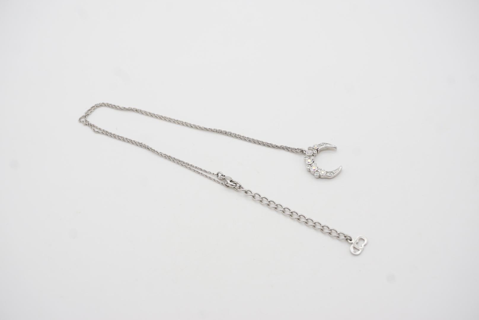 Christian Dior Vintage 1980er Jahre Weißer Mond glänzender Kristall Silber Anhänger Halskette im Angebot 4