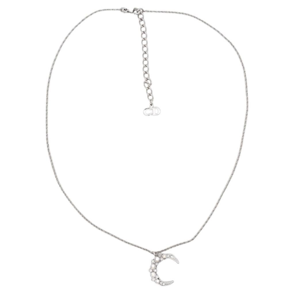 Christian Dior Vintage 1980er Jahre Weißer Mond glänzender Kristall Silber Anhänger Halskette im Angebot