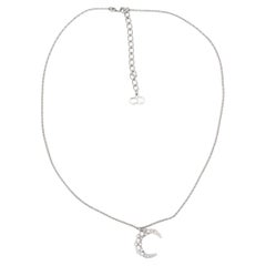 Christian Dior Used 1980s White Moon Shining Crystal Silver Pendant Necklace