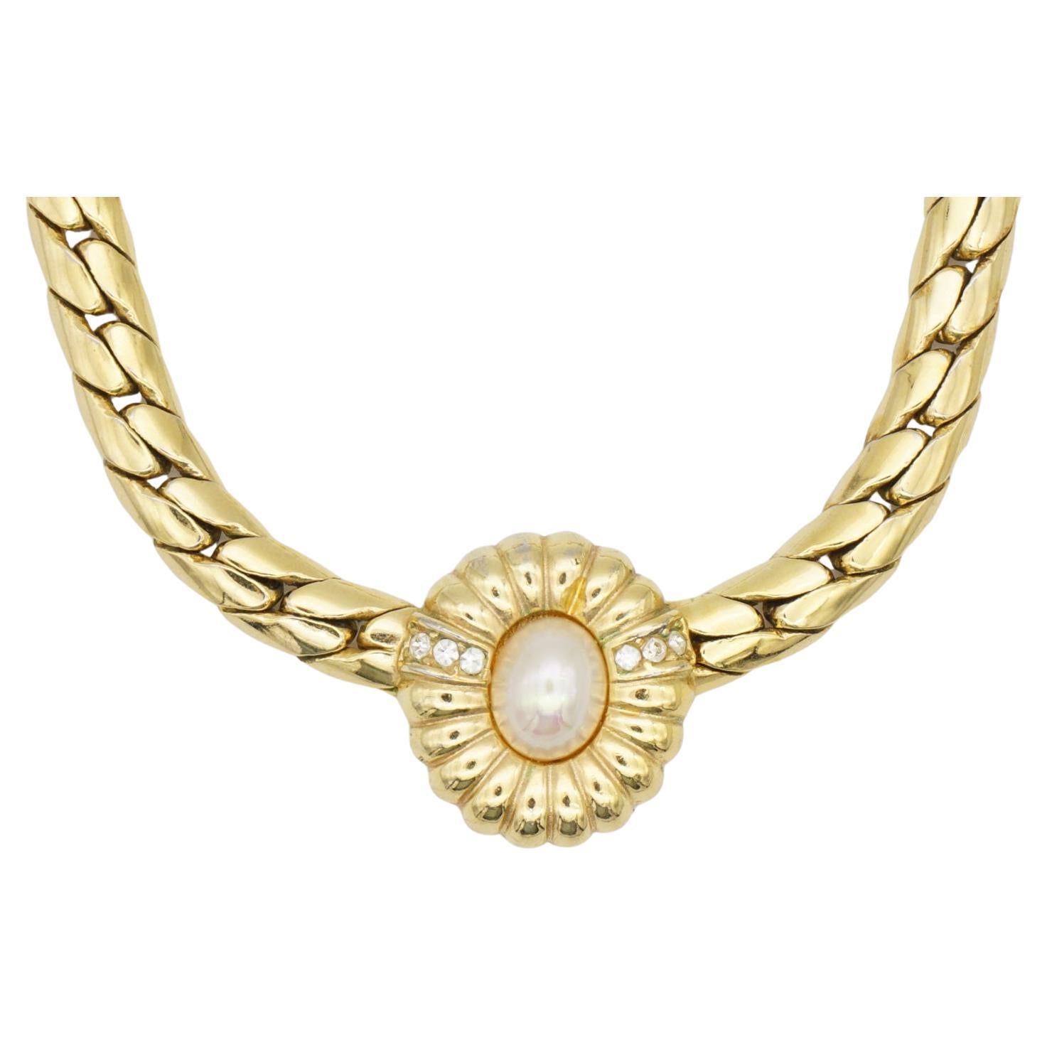 Christian Dior Vintage 1980s White Oval Flower Pearl Crystals Sunburst Necklace