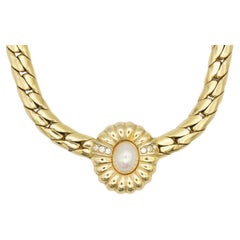 Christian Dior Vintage 1980s White Oval Flower Pearl Crystals Sunburst Necklace