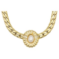 Christian Dior Vintage 1980s White Oval Flower Pearl Crystals Sunburst Necklace