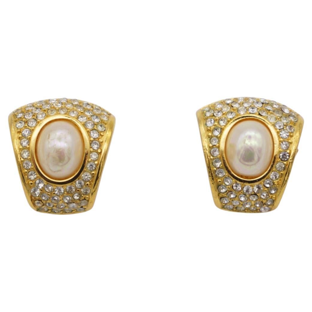 Christian Dior Vintage 1980s White Oval Pearl Crystals Fan Gold Clip Earrings For Sale