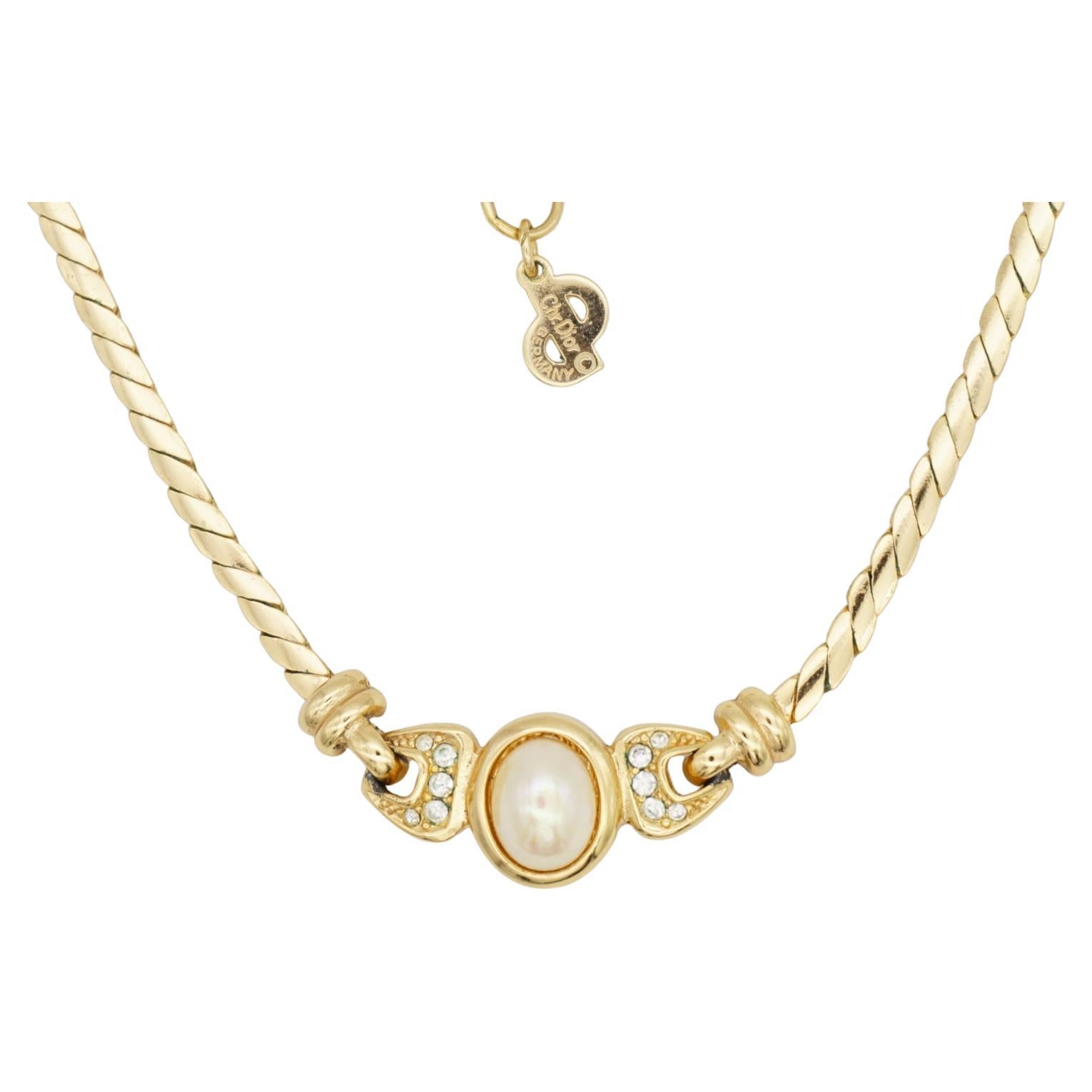 Christian Dior Vintage 1980s White Oval Pearl Crystals Linked Pendant Necklace