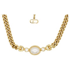 Christian Dior Vintage 1980s White Oval Pearl Double Crystals Pendant Necklace