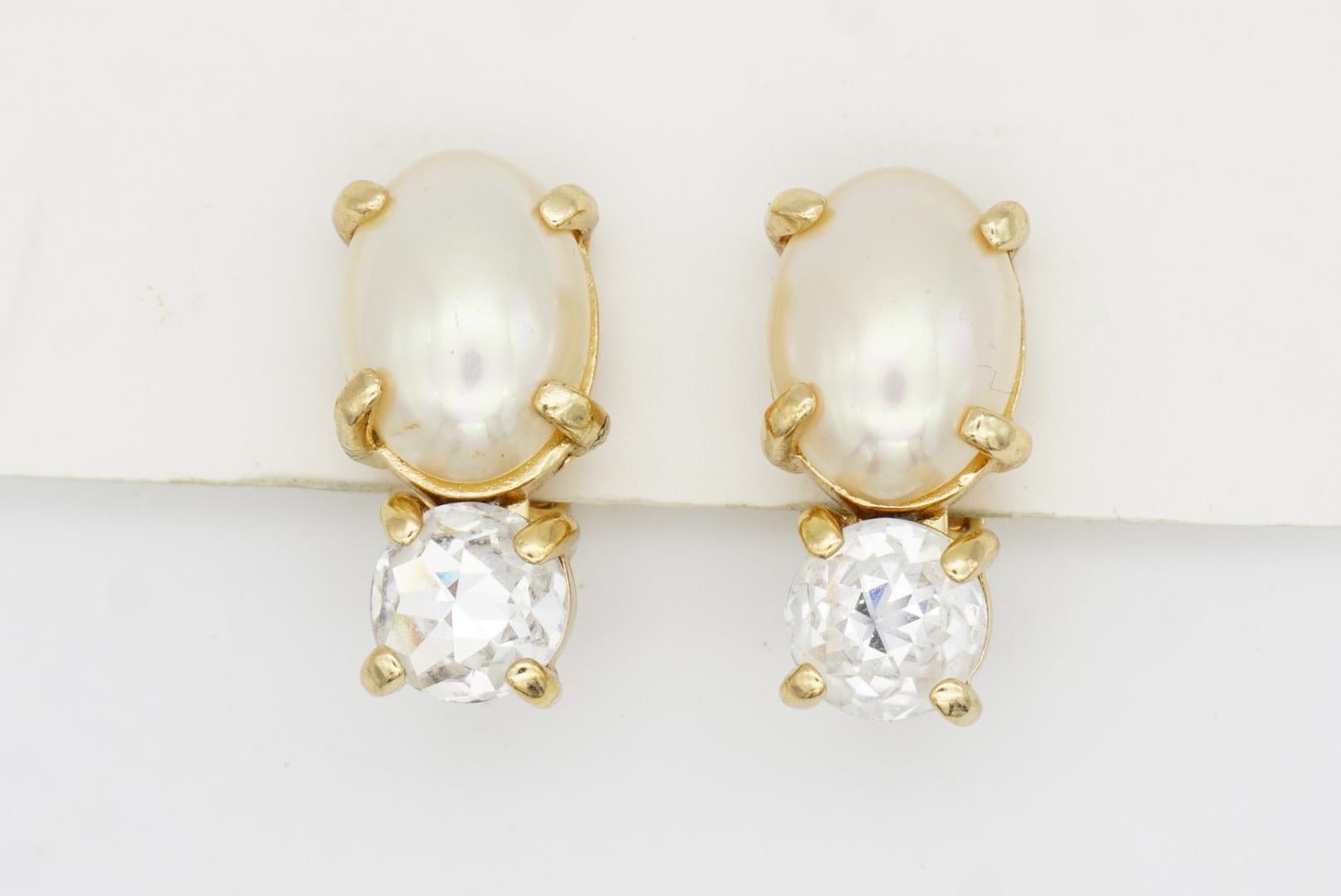 Christian Dior Vintage Años 80 Pendientes de clip de cristal con gota de perla ovalada blanca y círculo en venta 5