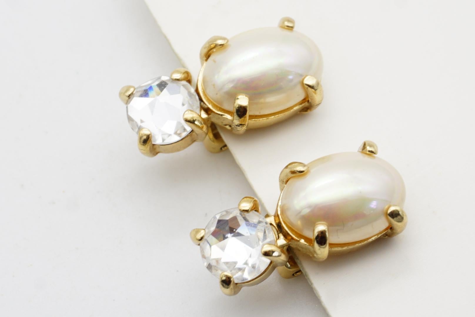 Christian Dior Vintage Años 80 Pendientes de clip de cristal con gota de perla ovalada blanca y círculo en venta 6