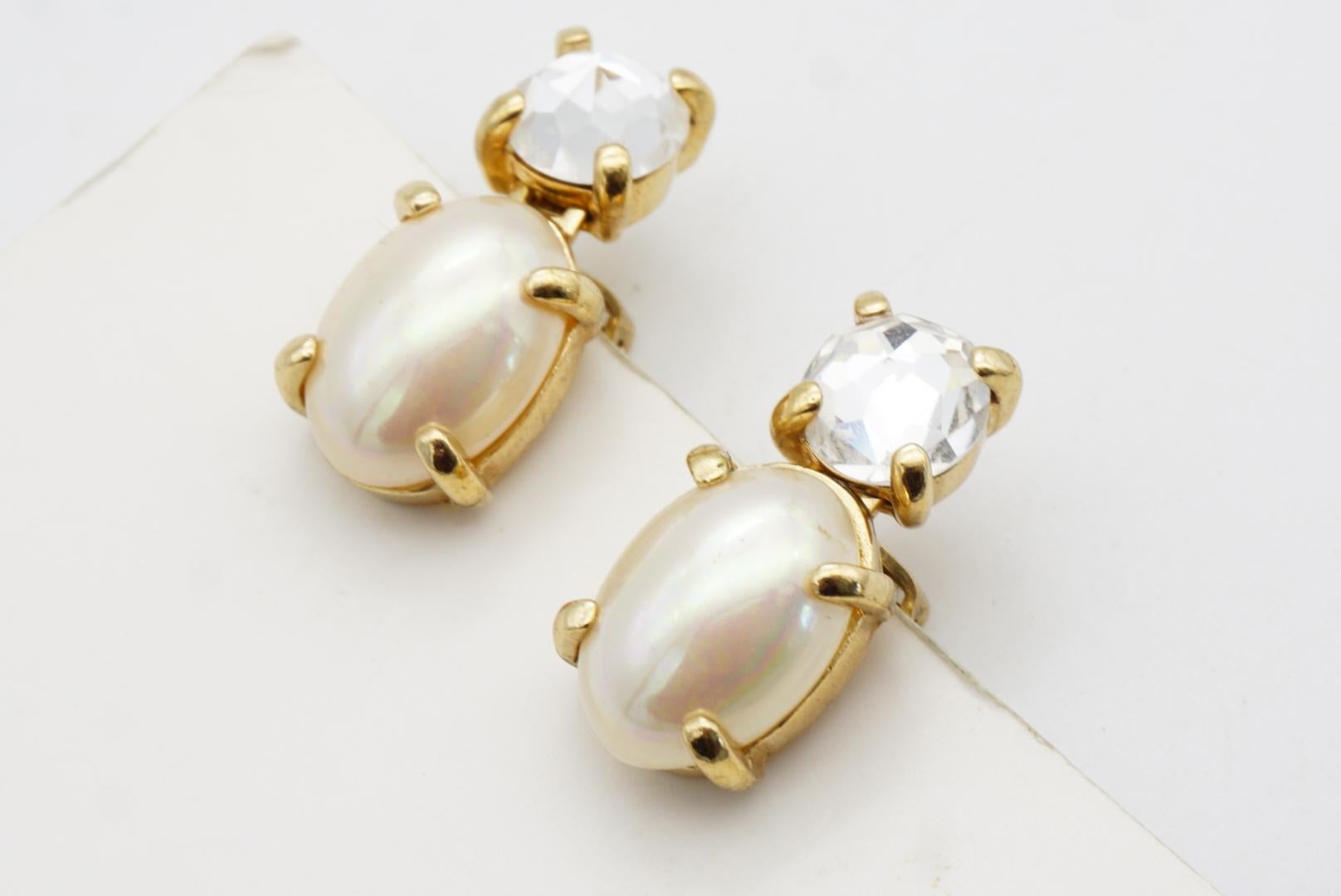 Christian Dior Vintage Años 80 Pendientes de clip de cristal con gota de perla ovalada blanca y círculo en venta 8